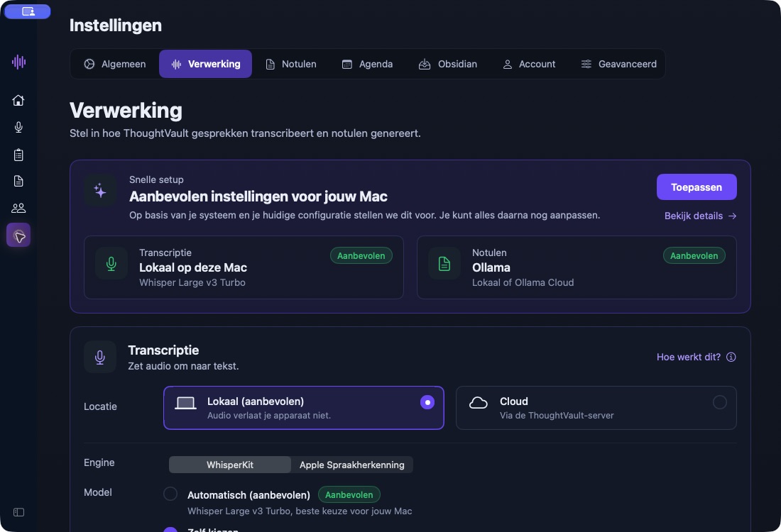 Echte macOS-app: instellingen voor transcriptie en AI-verwerking